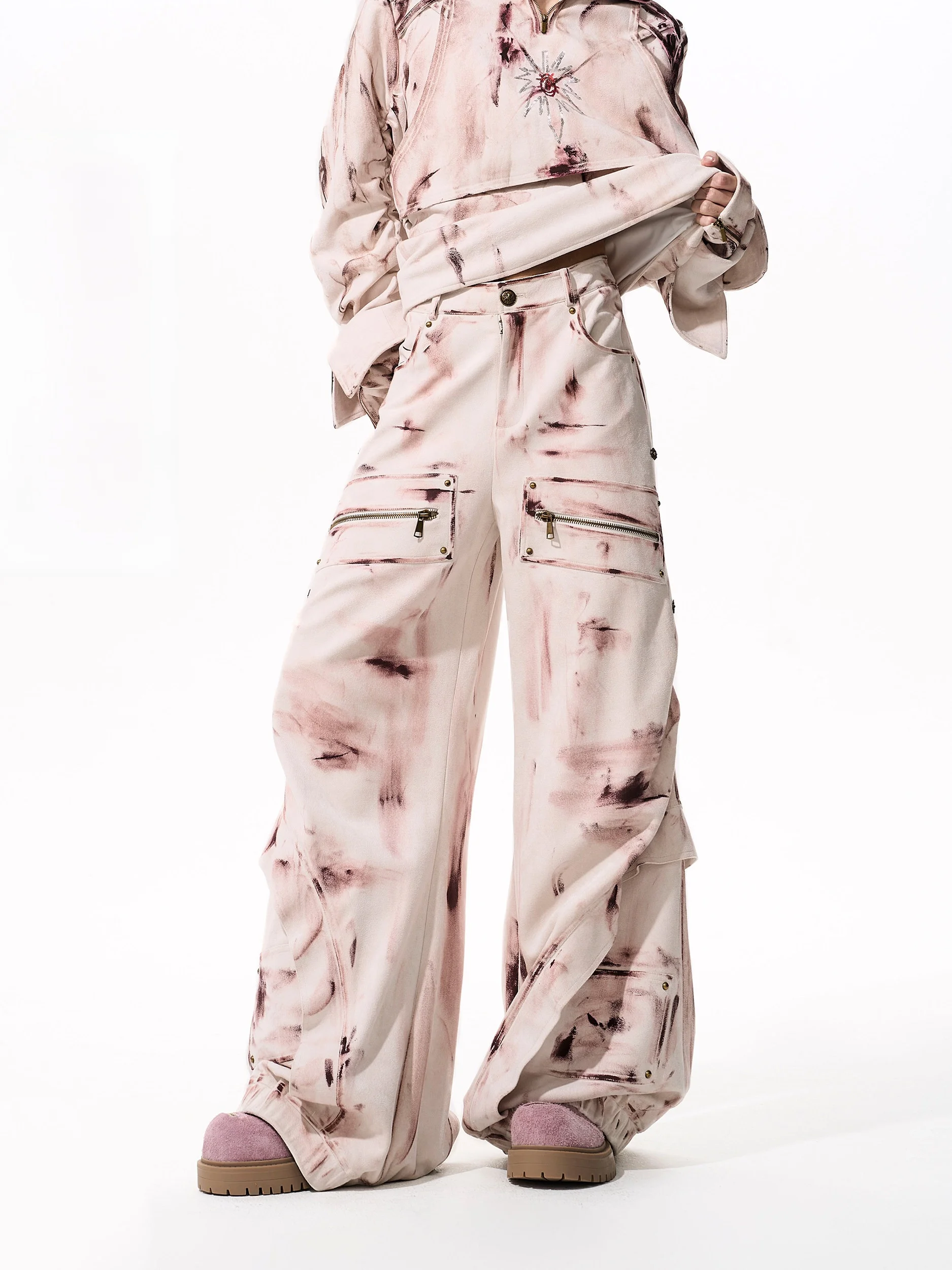 

Doodle Suede Men's Casual Pants Wide Leg Autumn Winter Faion Straight Cut Long Trousers Streetwear Polyester Youth Sle