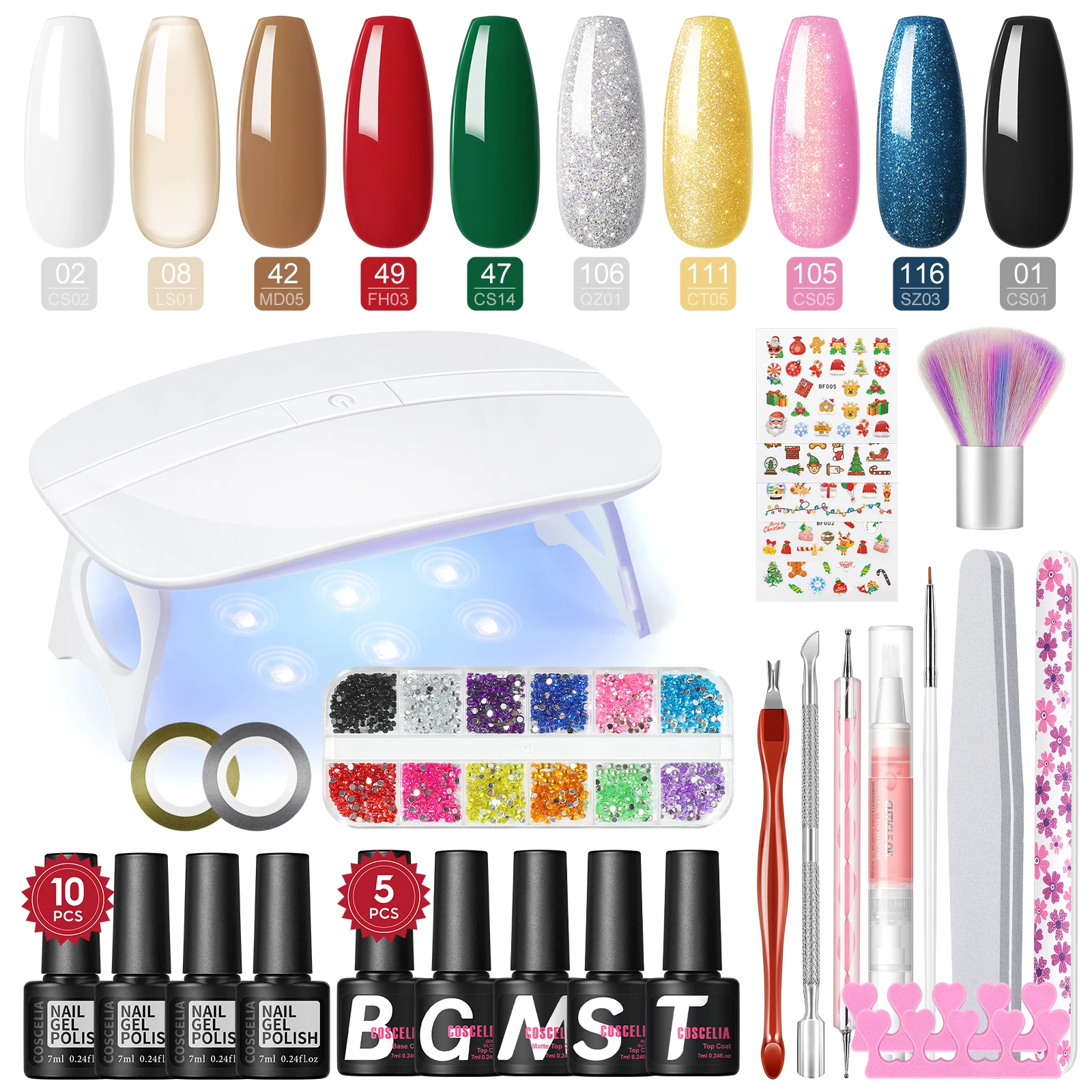 Coscelia Nail Starter Kit with 6W Nail Lamp 10PCS 7ML Nail Gel Polish 5PCS and Glitter Top Coat Nail Art Stickers Art Tools