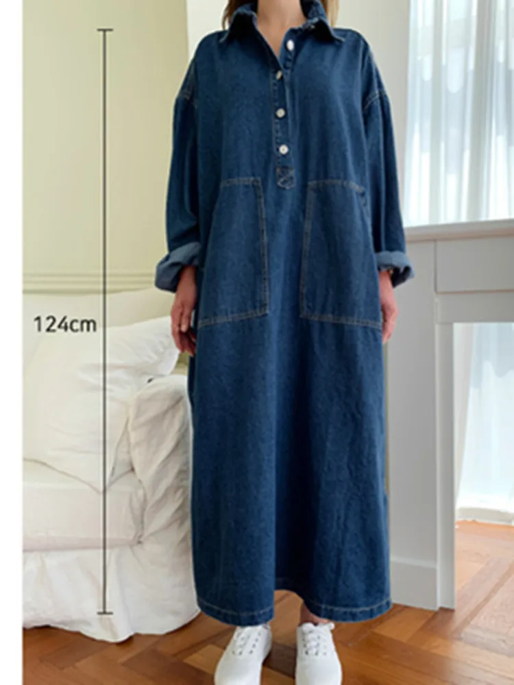 Vestido Denim Coreano com Cordão Solto Feminino, Vestidos Chiques Divididos, Vestidos Elegantes de Bolso Azul