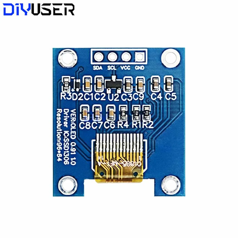 0.91-inch OLED Display Module SSD1306, 96x64 Small Screen, Dual-Color Blue/White, I2C Interface 4-Pin LCD Module