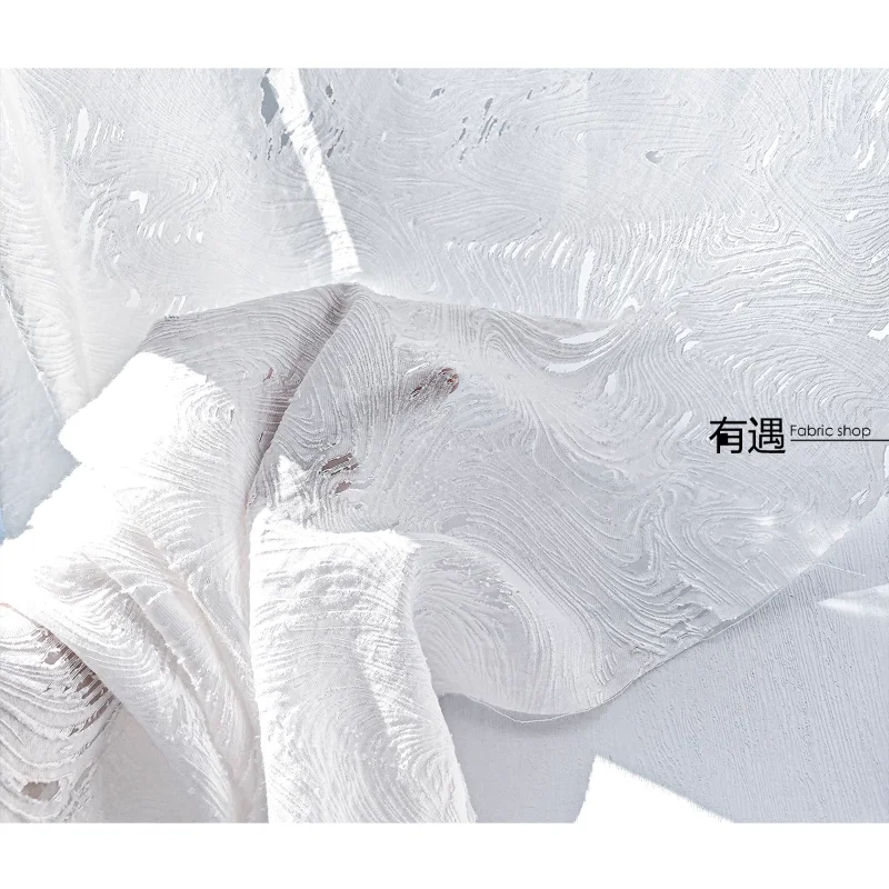 White Ripple Hollow Cut Flower Mesh Fabric for Diy Sewing Micro Transparent Dress Shirt Clothing Designer Cloth By Meters