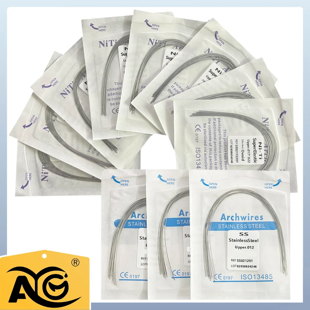 10 unidades de alambres de arco dentales AG, ortodónticos, superelásticos, de NITI, redondos y rectangulares, para arcada inferior/ superior, calibres 012/014/016/018/020/16x16/16x22
