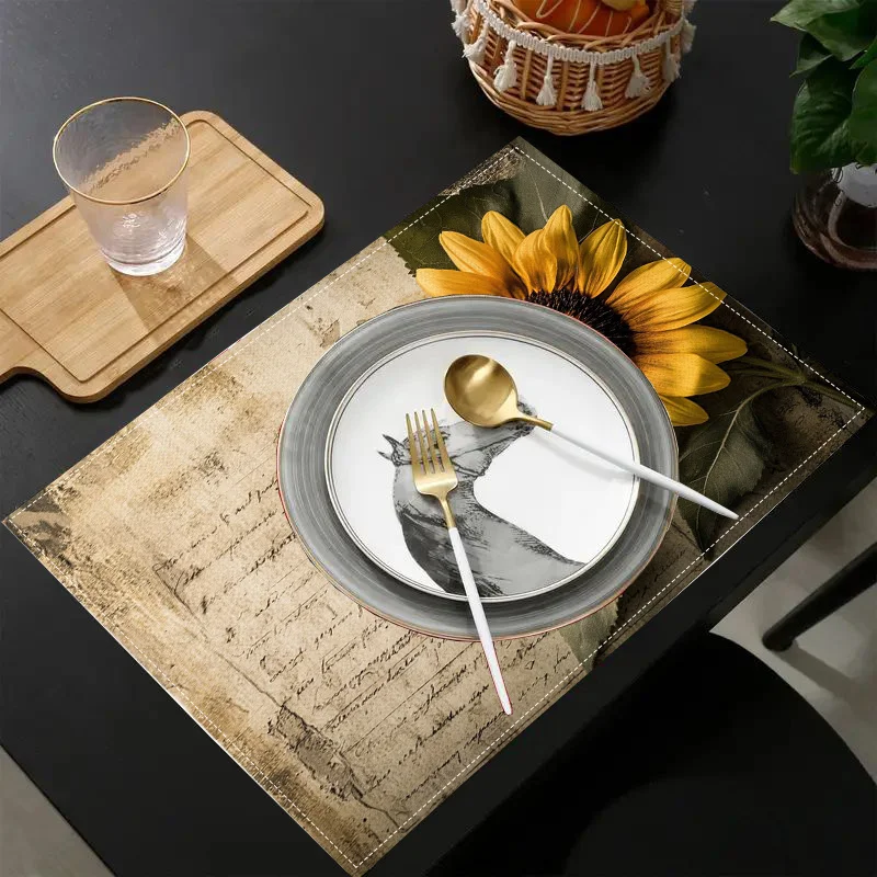 4pcs Retro Sunflower Print Rectangular Placemats Hand Washable Heat Resistant Suitable Dining Table Coffee Table and Home