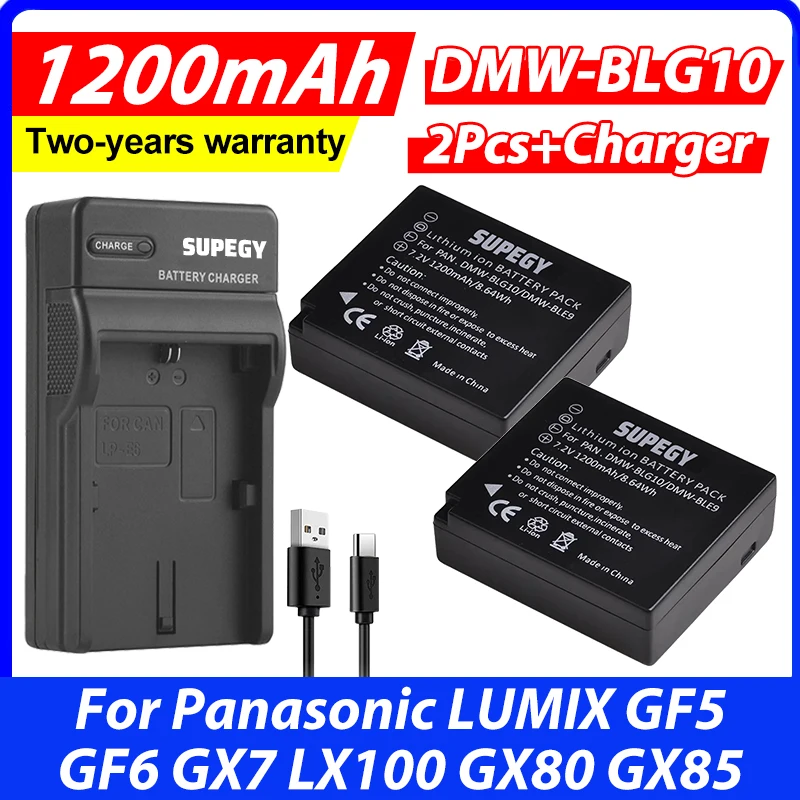 

2 шт. аккумулятора DMW-BLG10 BLG10E DMW-BLE9 емкостью 1200 мАч + USB-зарядное устройство для Panasonic LUMIX GF5 GF6 GX7 LX100 GX80 GX85