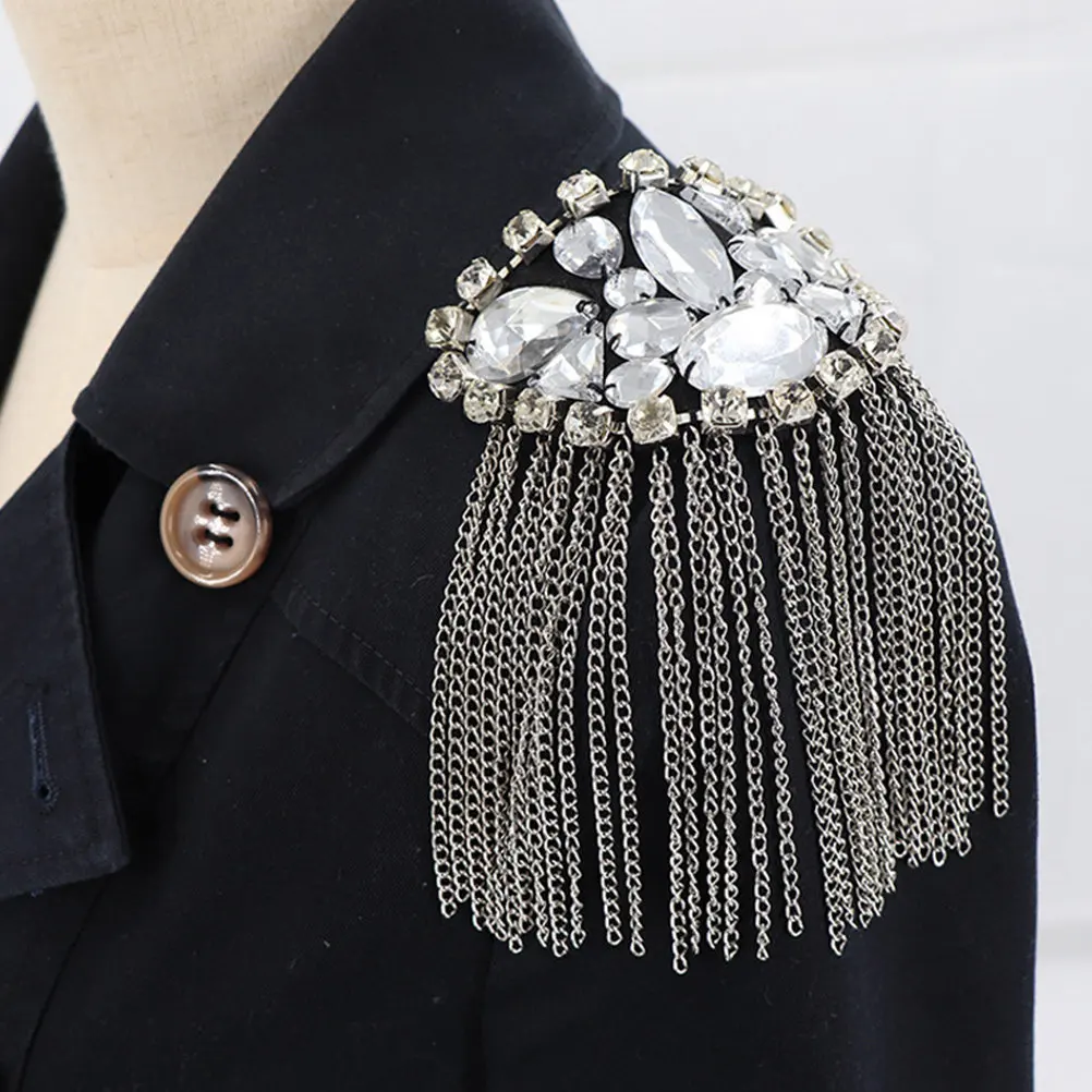 Metal Rhinestone Tassel Brooch Shoulder Epaulet for Suits Jackets Stage Costumes Fashion Accessory