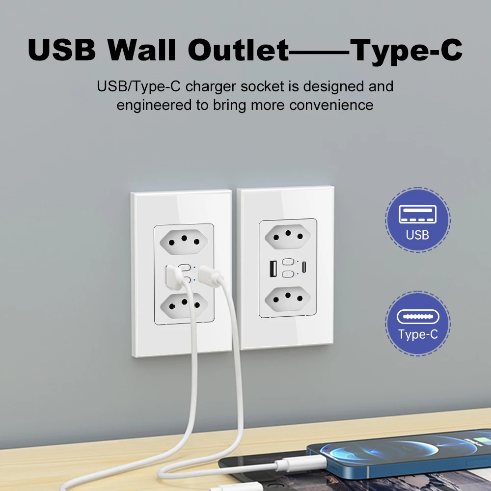 MANHOT Brazil 16A Smart Wifi Light Wall Socket Switch USB Type-C Plug Outlet APP Remote Control Work with Tuya Alexa Google Home