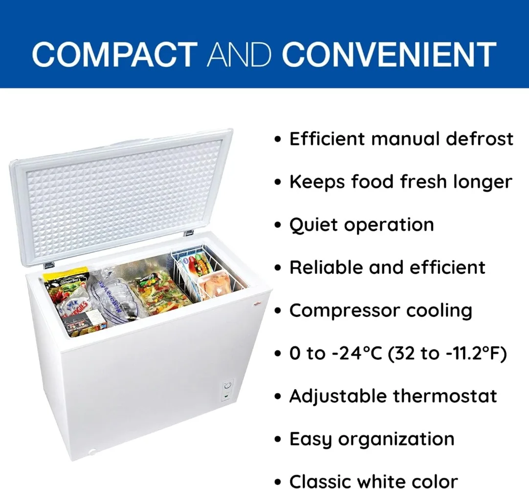 Congelador de congelamento profundo de descongelamento manual grande, cesta de armazenamento, costas planas com economia de espaço, tampa aberta, congelador branco, 7.0 cu, 195L