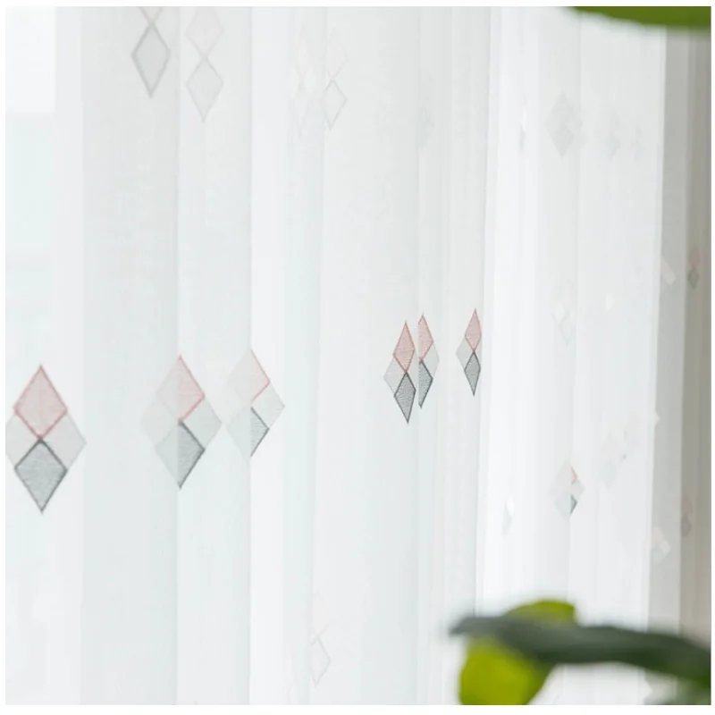 Nordic Sheer Curtains for Living Room and Bedroom, White Geometric Embroidery Voile Curtain, Backdrop Curtain, Window Treatment