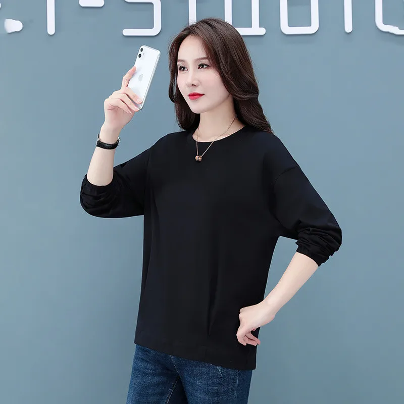 New Women'S Fashion Elastic Long Sleeve Top Spring Autumn Round Neck Solid Color Casual Middle Aged Mom Loose Shoulder T-Shirt