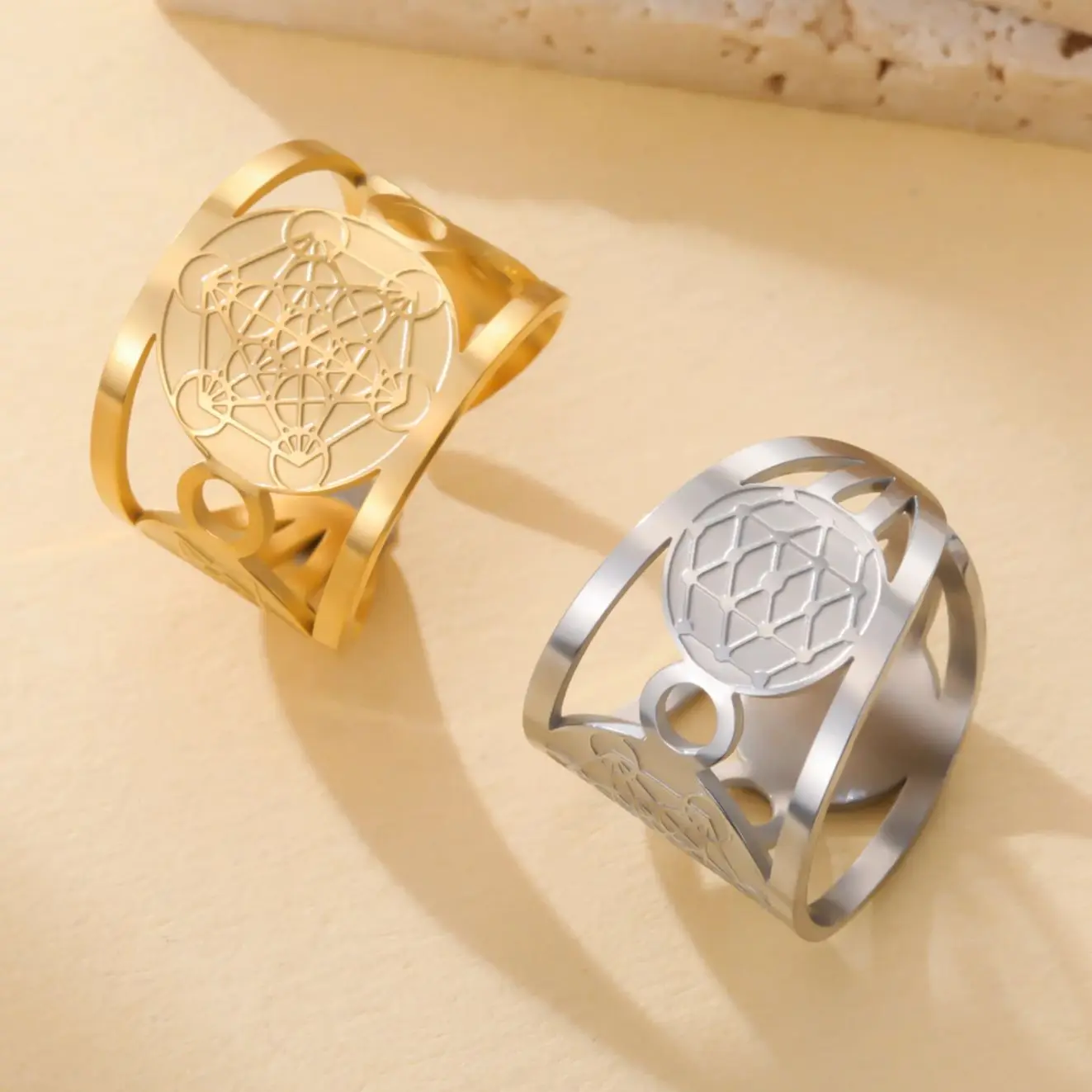 LIKGREAT Geometric Metatron Ring For Women Men Adjustable Size Stainless Steel Rings Solomon Supernatural Amulet Jewelry Gift