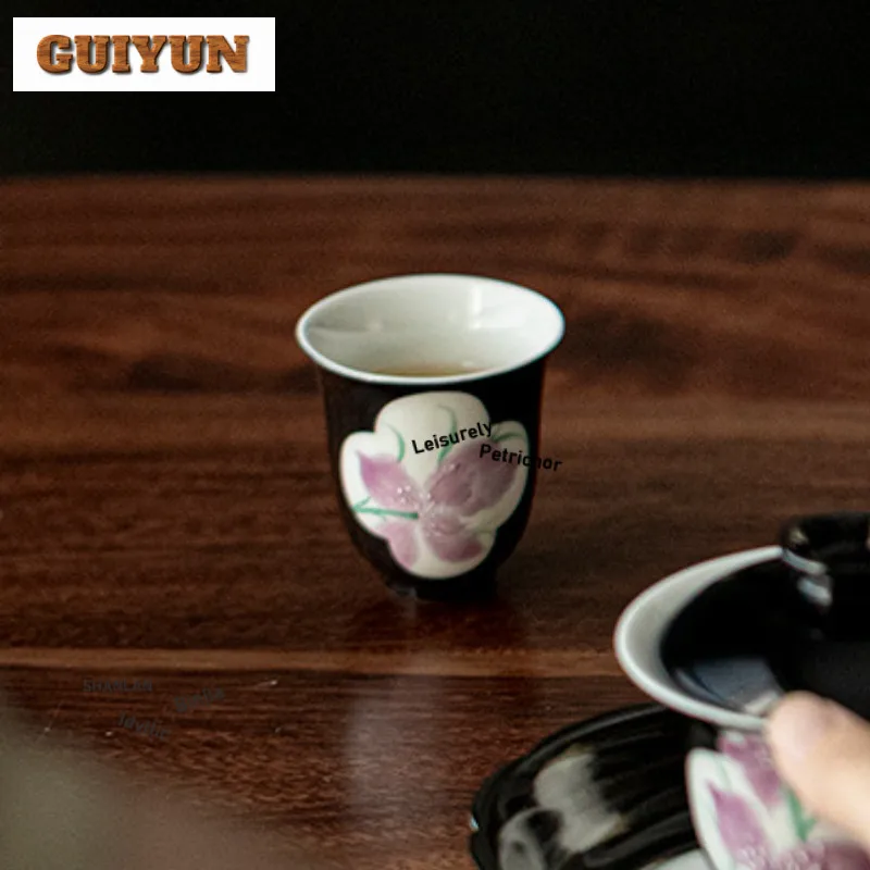 2pc/lot Hand-painted Iris Teacup Vintage Tea Bowl Tea Cup Set Tea-tasting Personal Cup Jianzhan Master Cups Tableware Craft 55ml