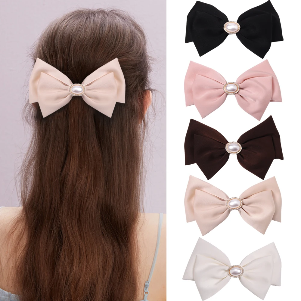 

5pc/set Korean Solid Black Bowknot Pearl Hairpin Hair Clip for Women Girls Classic Ribbon Ponytail Top Barrette Hair Accessories