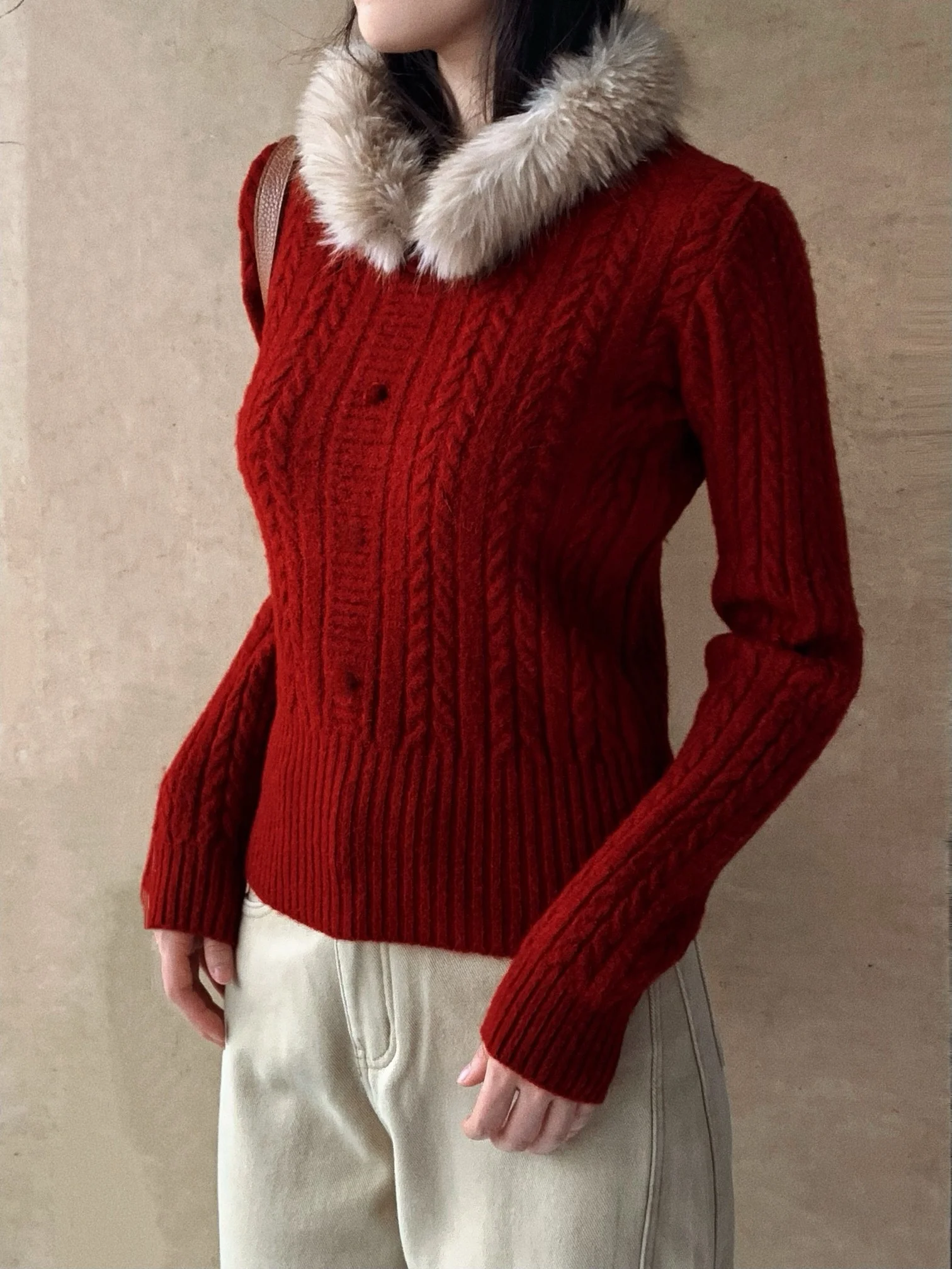 

Retro Sle Knitted Base irt Women's Winter Warm Elastic Waist Coat with Fur Collar New Year's Aosphere Orange Color