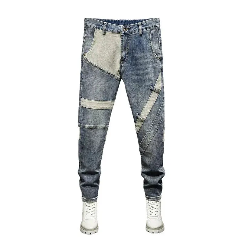 Street Fashion Men Jeans Retro Washed Blue Spliced Designer Stretch Slim Fit Ripped Jeans Men Patched Hip Hop Biker Pants Hombre