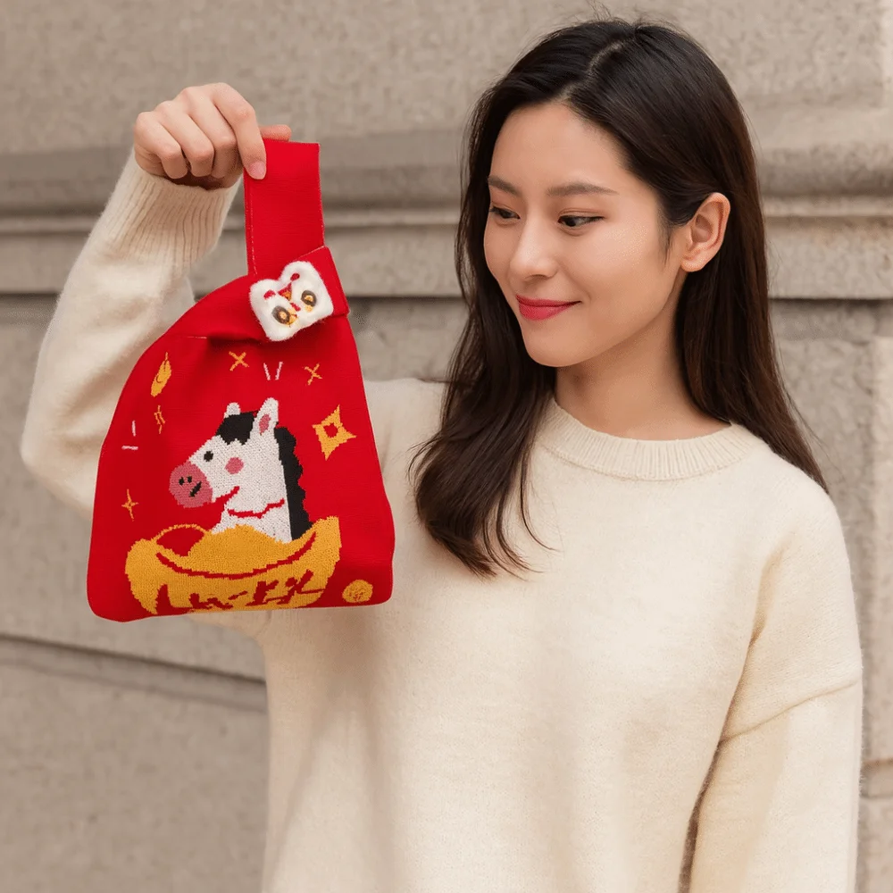 

Сумка 2026 года с конским узлом на запястье, сумка ручной работы в китайском стиле, новогодняя вязаная сумка, подарочный кошелек, многоразовая большая сумка для студентов