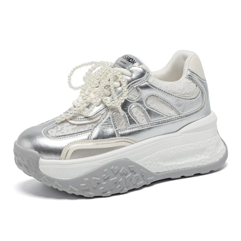 8CM Women Autumn Breathable Leather Sneakers New 2026 Casual Sports Shoes Ladies High Platform Pearl Mesh Shoes Zapatos De Mujer