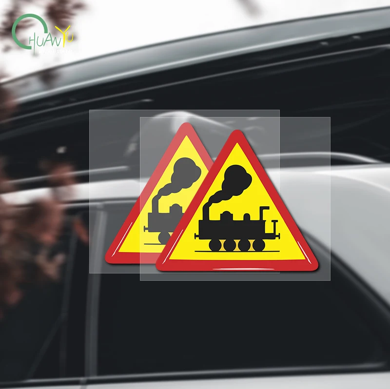Triangular warning sign, unmanned railway crossing sign, train symbol, reflective road sign warning sticker