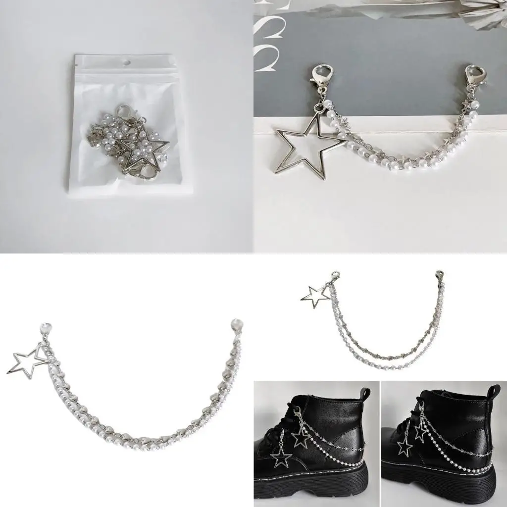 

652F Double Layer Shoe Chains Fashionable Shoelace Decoration Star/Heart Pearls Shoe Buckle for Boots and Canvas Shoes