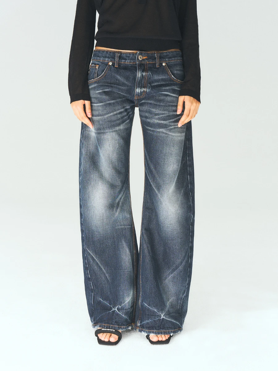 

Новинка: Женские повседневные джинсы-клеш из хлопкового денима с низкой посадкой, с эффектом потертости, синие, с узором «усы-молнии», SelfSyntax Abis
