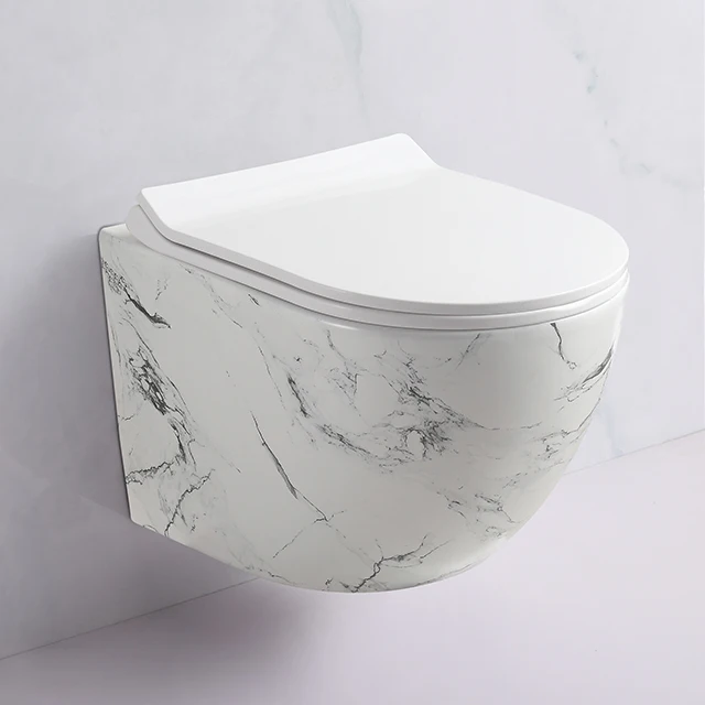 Marble Pattern Design Ceramic Wall Hanging Wc Tankless Bowl Wall Toilet Set