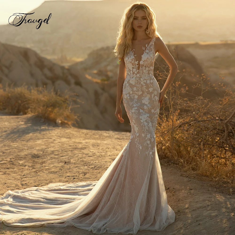 Traugel Sexy Backless V Neck Lace Mermaid Wedding Dresses Exquisite Applique Spaghetti Straps Court Train Trumpet Bridal Gown