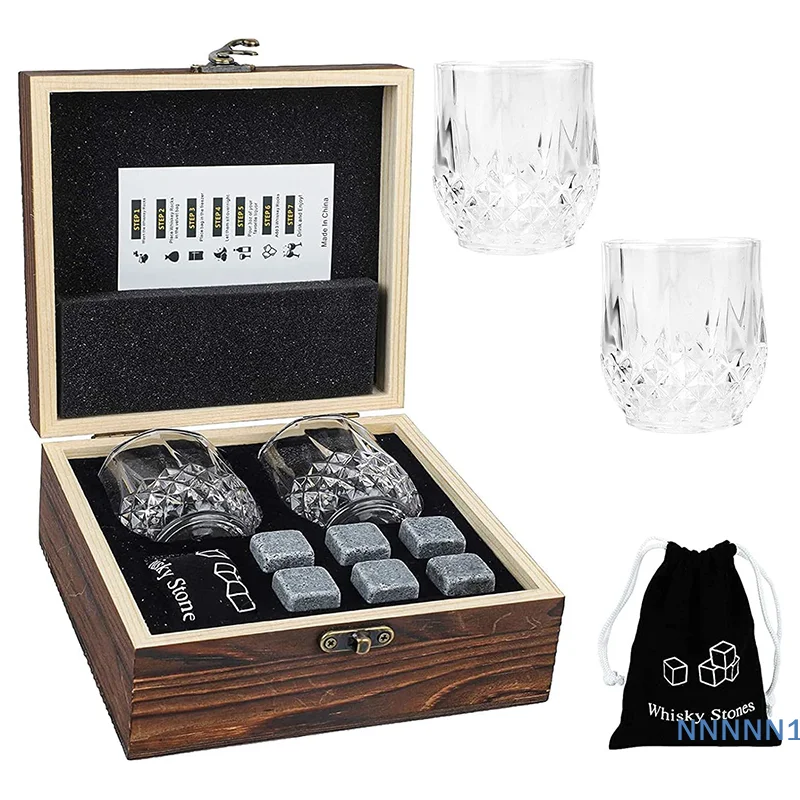 

Father's Day Gift - Whiskey Glass and Stone Set - Contains 2 Glasses, 6 Granite Stones, 1 Wooden Box for Men