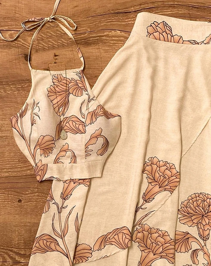 Conjunto de dos piezas para mujer, moda de verano 2024, estampado Floral, espalda descubierta, Top con detalle atado y falda plisada informal para