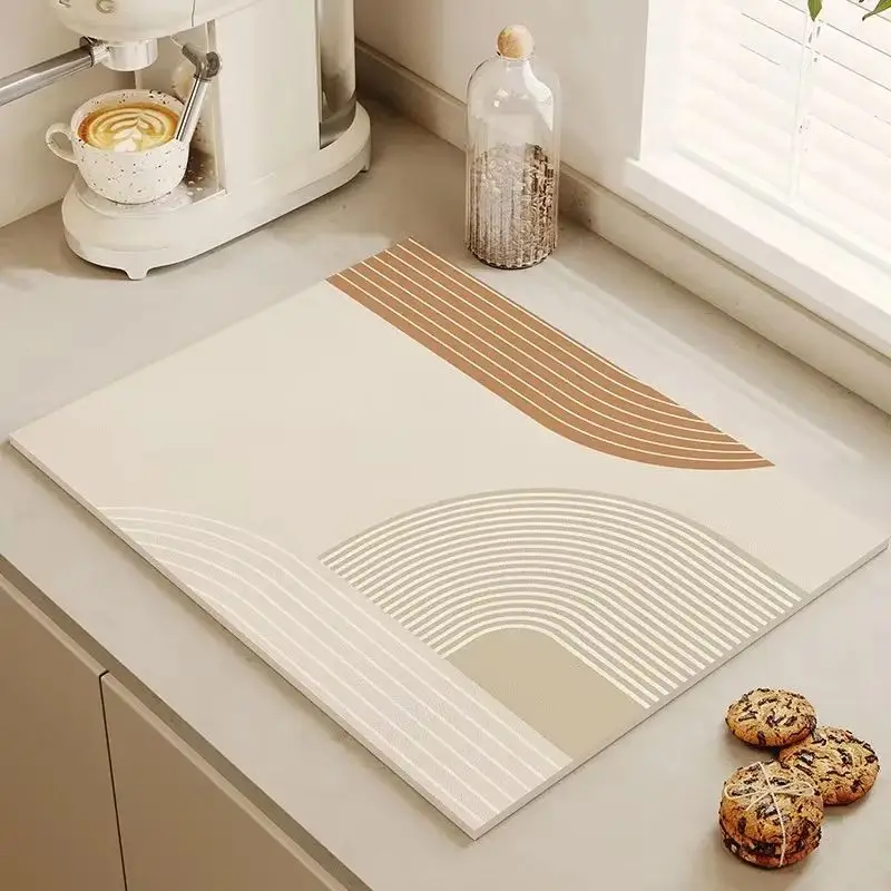 Tapis de séchage VIKAMA à rayures arc-en-ciel aux tons neutres, séchage rapide, absorbant, antidérapant, pour station café, évier de cuisine, tapis décoratif