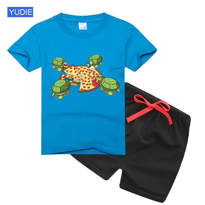 Kids T Shirt Set Summer Boy Pizza Clothing Set for Girls Kids Cartoon Tortoise T-Shirt Shorts 2PCS Outfits Cotton Casual Clothes