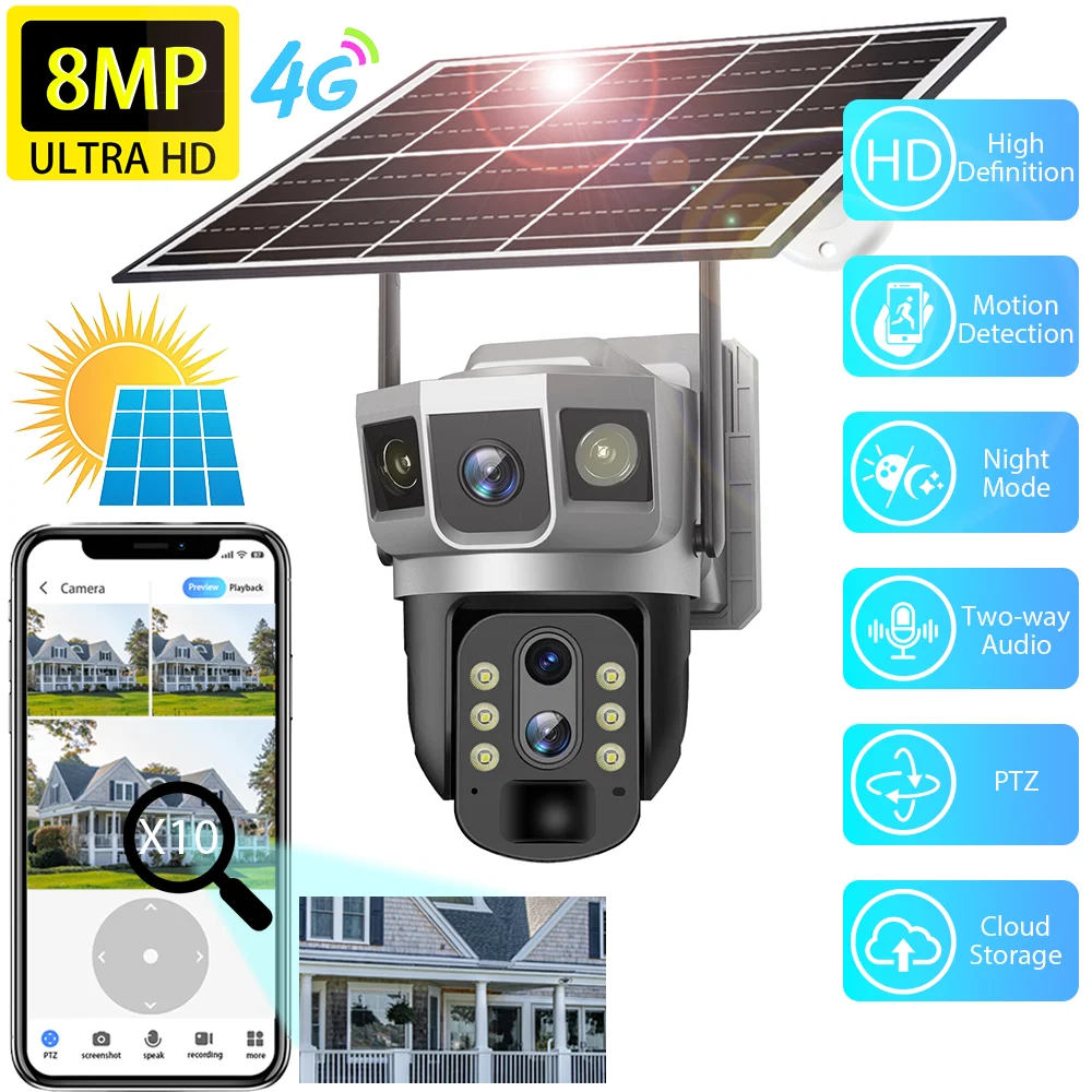 

Solar Powered Security Camera Outdoor CCTV 8MP 4G Wireless Dual Lens PTZ 4K HD 10x Optical Zoom Curious Surveillance Camera