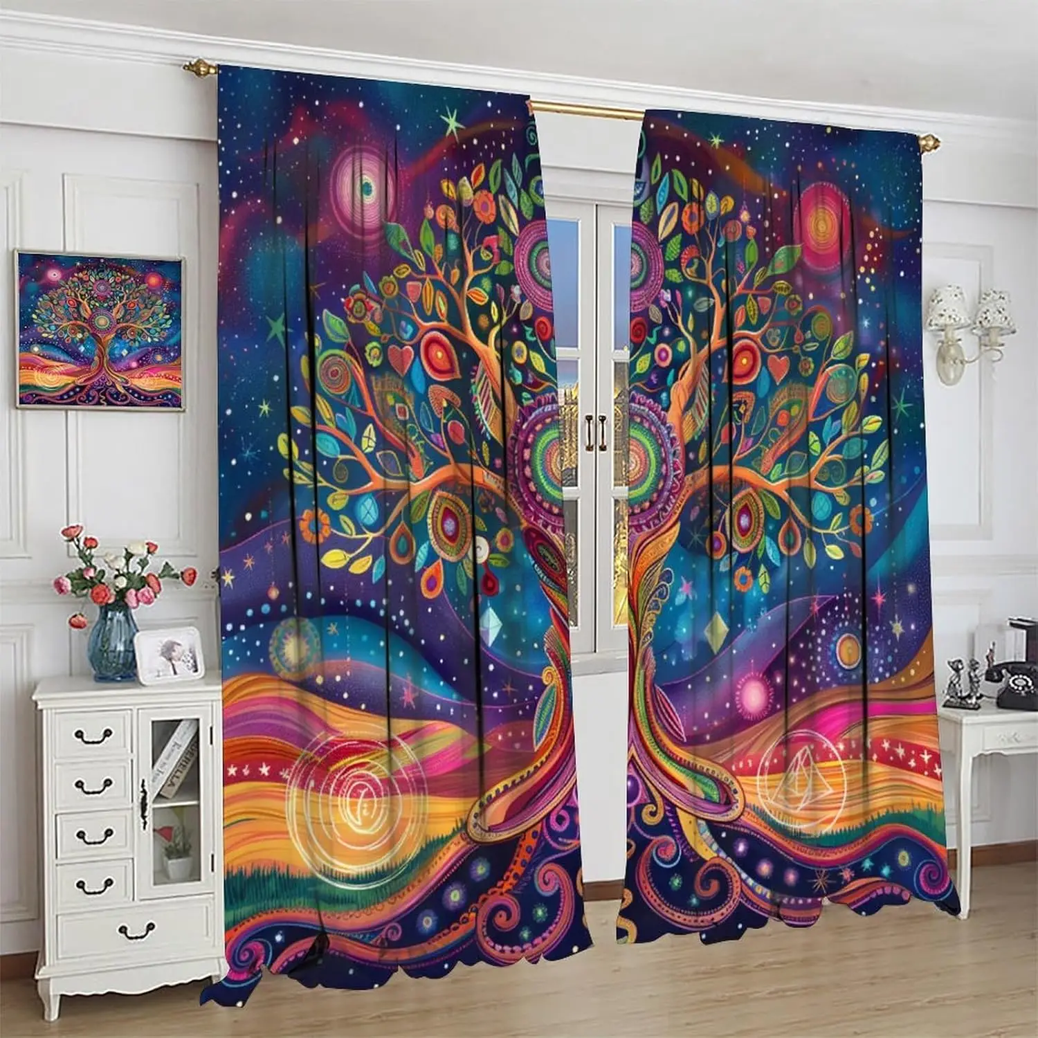 Abstract Tree Blackout Curtains for Bedroom/Living Room, Mystical Starry Night Mandala Plants Thermal Insulated Curtains Rod