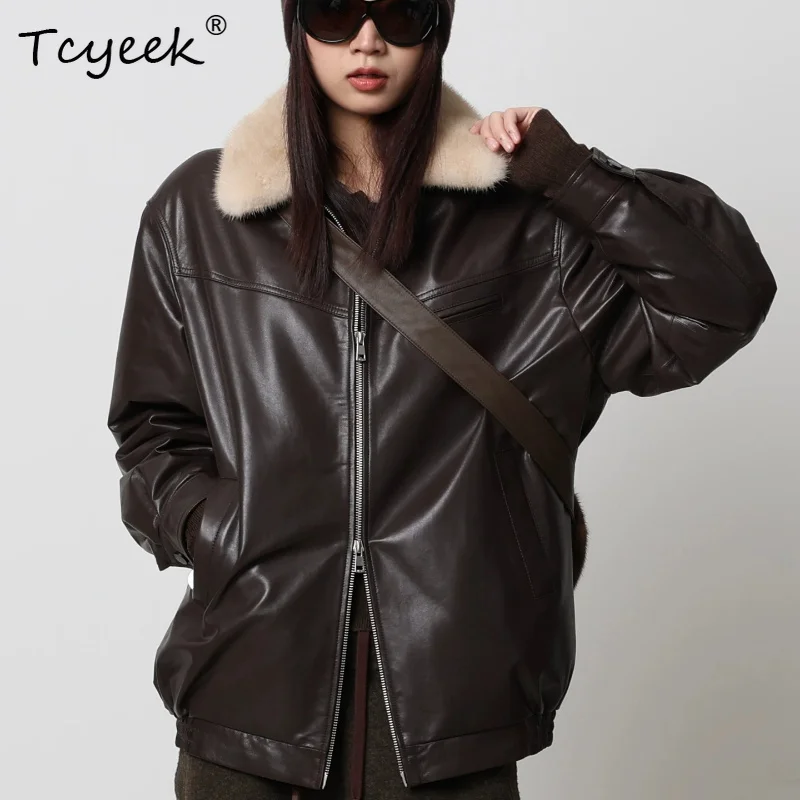 Tcyeek Real Leather Jacket Women Winter Clothing Vintage Sheepskin Womens Coat Motorcycle Style Genuine Leather Coats Косуха