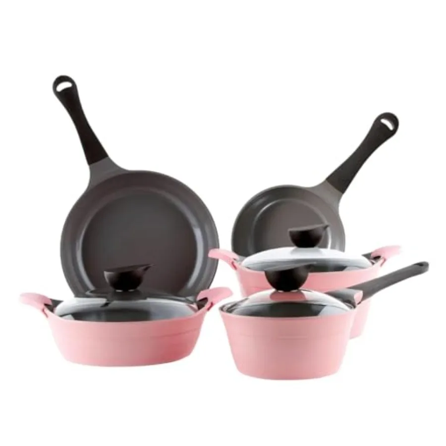 

Eela, 8 предметов, розовый керамический набор посуды шеф-повара с антипригарным покрытием и стеклянной крышкой для приготовления пищи на кухне с прочным керамическим покрытием