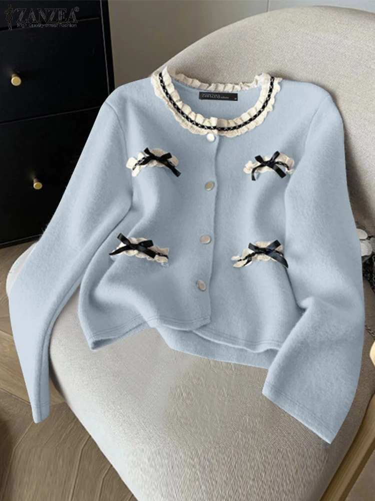 

Women Sweaters Cardigan ZANZEA Elegant Spring Autumn Blouses Thin Jackets Long Sleeve Buttons Tops Tunic Bow Tie Office Shirt
