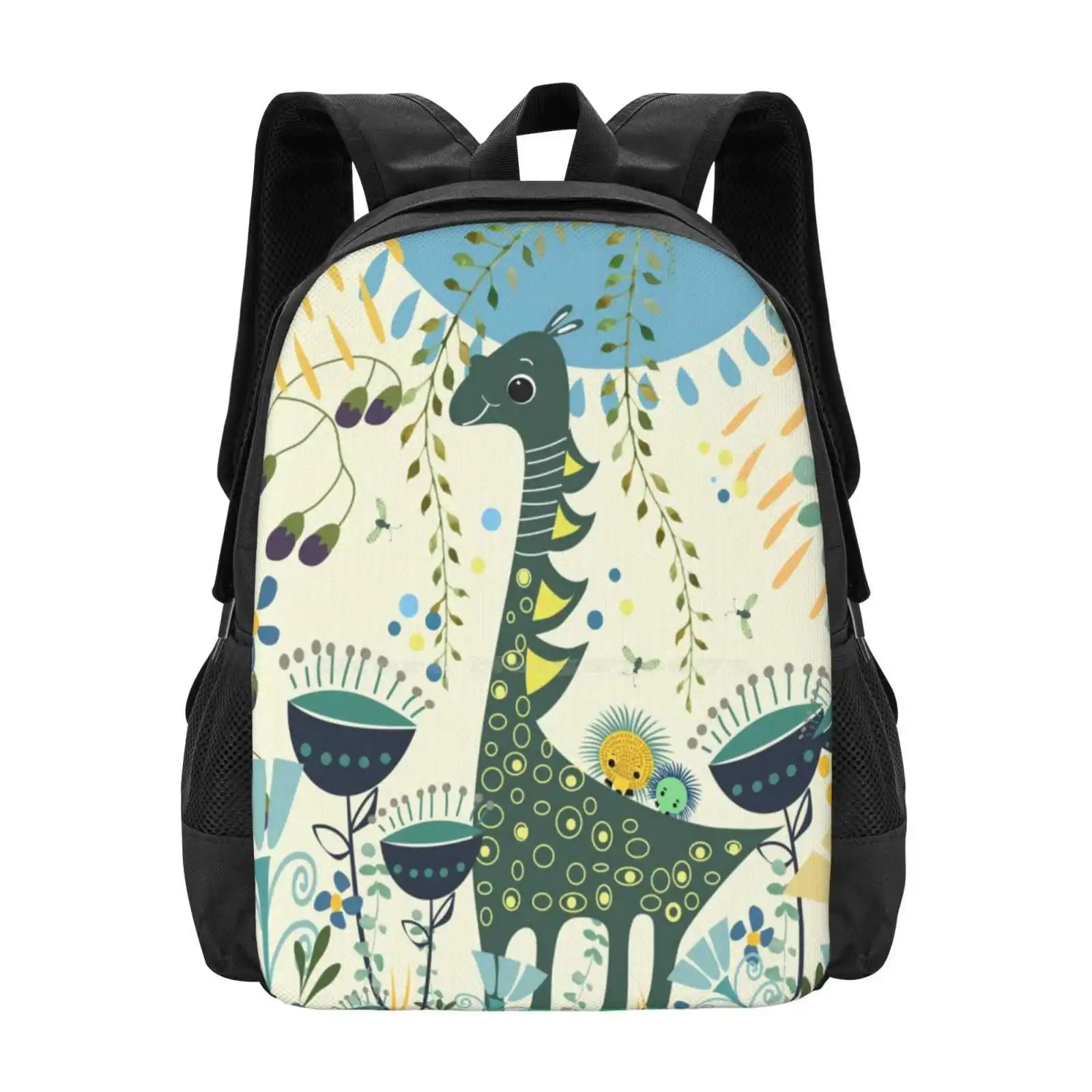 Little Dino Teen College Student Backpack Pattern Design Bags Dino Flowers Childeren Blue Green Nature Garden