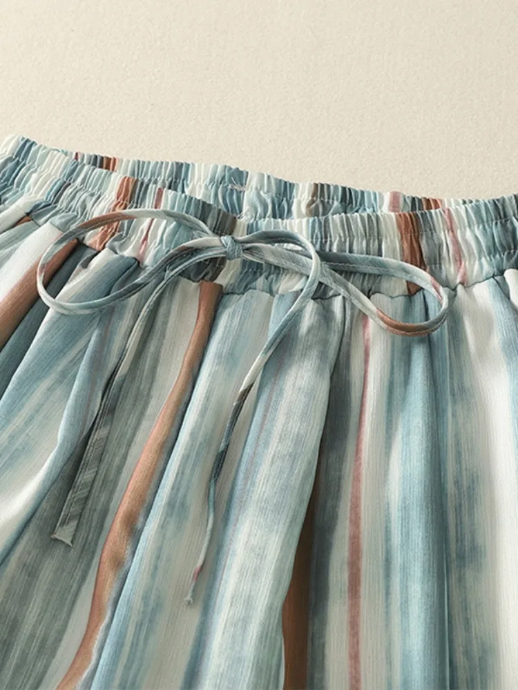 Pantalon à jambes larges pour femmes, teint à rayures arc-en-ciel, décontracté, taille haute, jambe droite, mélange de coton et de lin, nouveau pantalon d'été