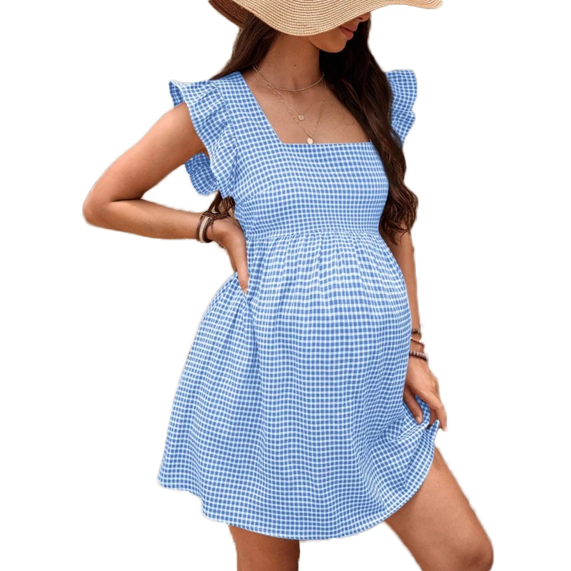 

Pregnancy Dress Maternity Dress Summer Casual Short Sleeve A-line Dresses Square Collar Comfortable Clothes for Pregnant Women