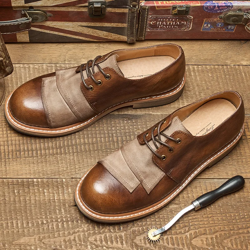 YETTIES Vintage Low Top Derby Shoes, Genuine Leather Round Toe Lace-Up, Distressed Patchwork Casual Shoes for Men