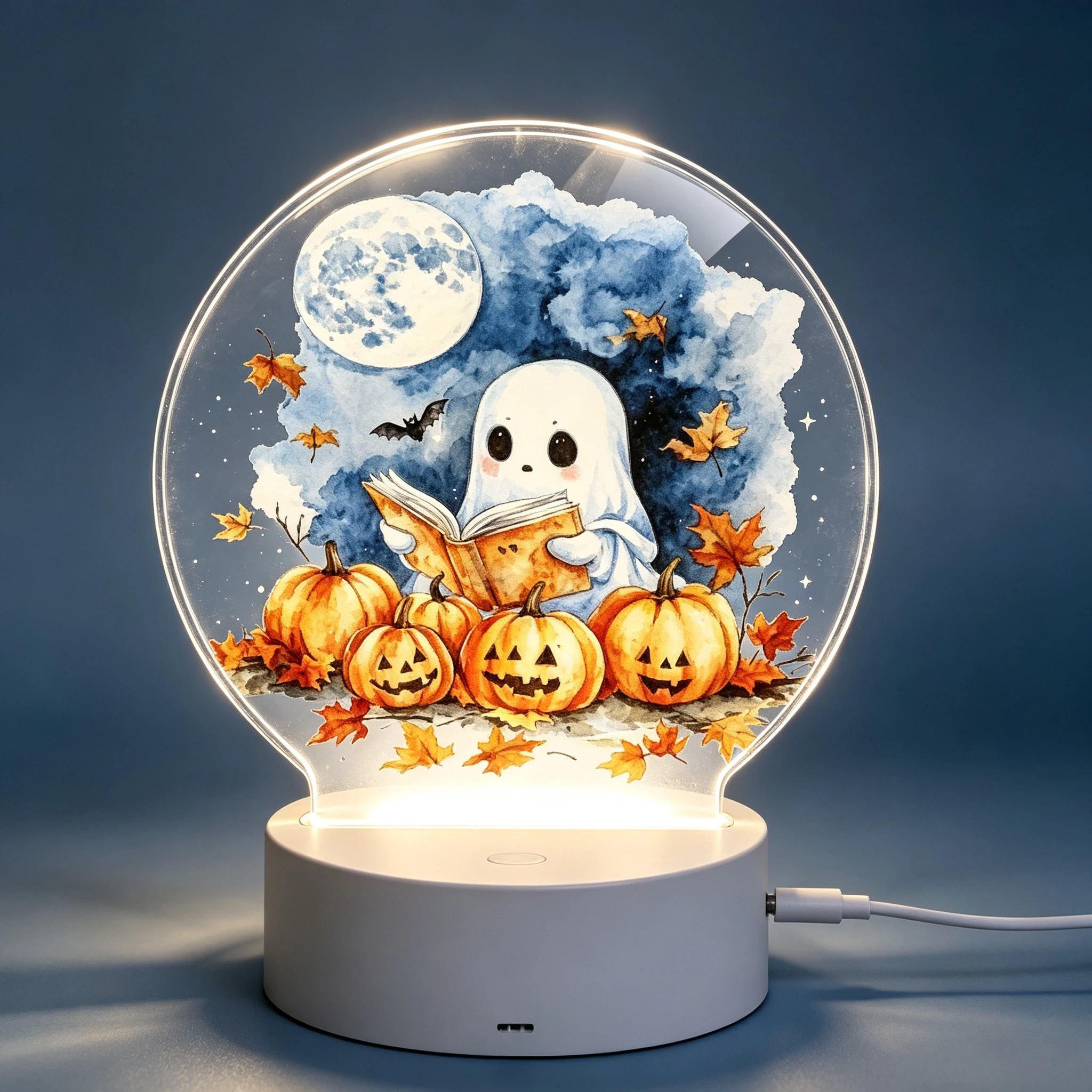 Reading Ghost Round Acrylic LED Night Light, Watercolor Halloween Bedroom Lamp