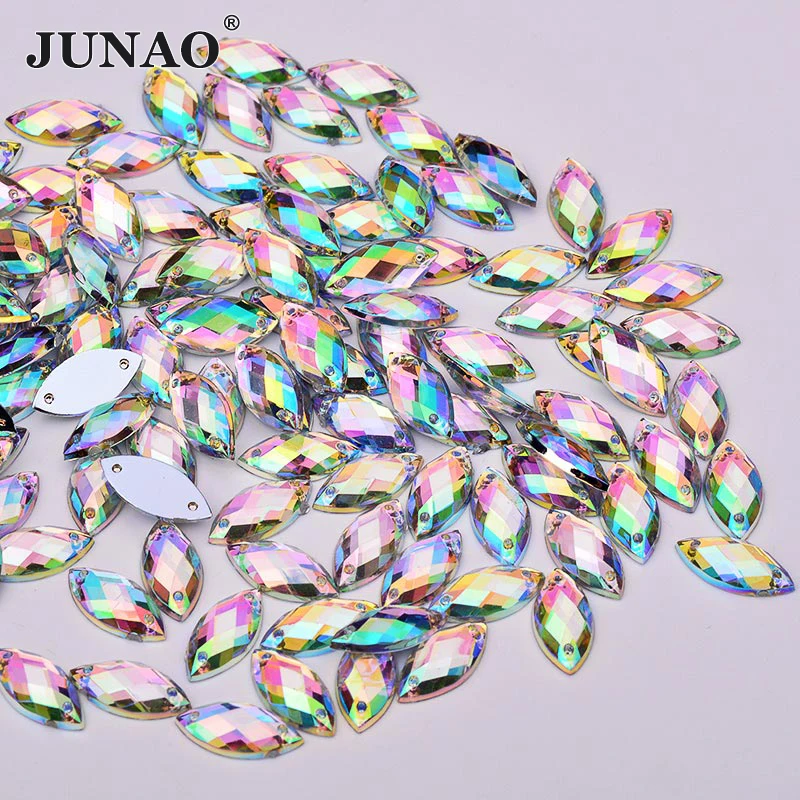 JUNAO 500Pcs 7*15mm Sewing Aquamarine AB Horse Eye Acrylic Rhinestones Leaf Shape Flat Back Strass Stone For Women Dress