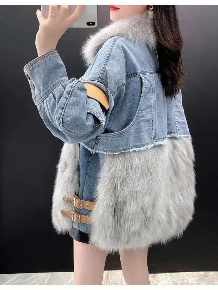 Faux Fox Fur Winter Warm Bomber Women\'s Winter Jacket Coat Female Jeans Jacket Basic Ladies Top Windbreaker Denim Jackets