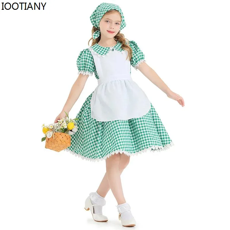 IOOTIANY Children Colonial Prairie Pioneer Girl Costume Dress Green Plaid Size 4-12T