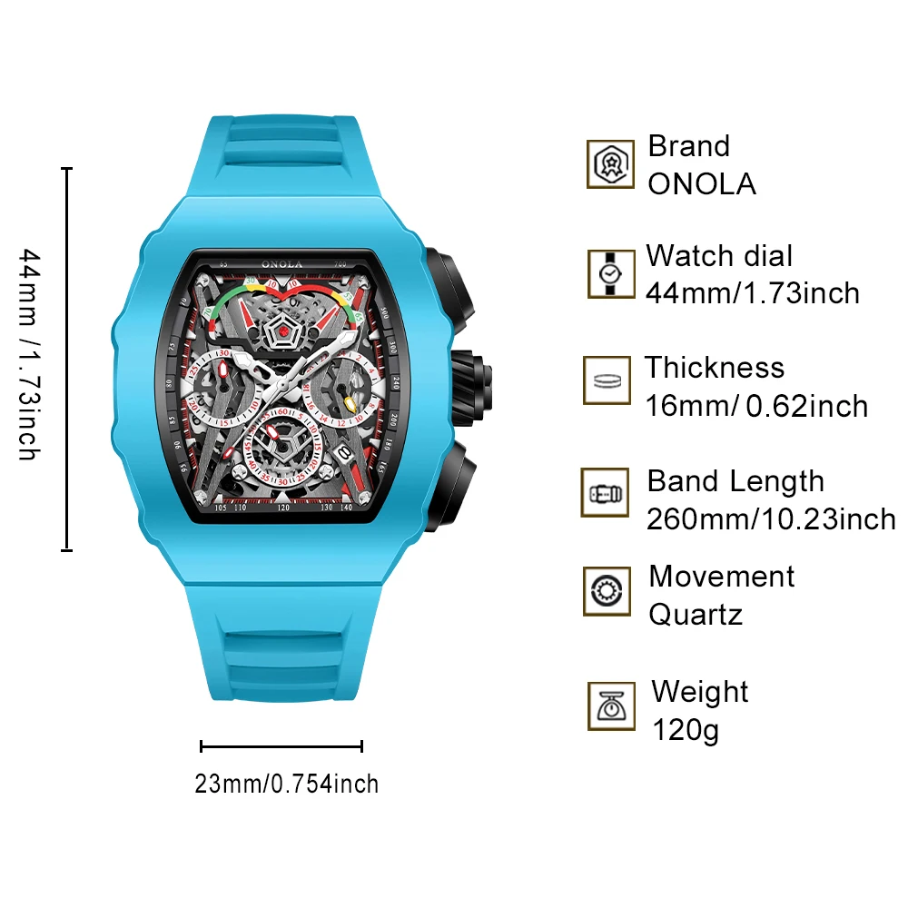 ONOLA Men's Quartz Watch Multifunctional Dial Waterproof Night Light Function Silicone Strap Fashionable Sports Style Men's