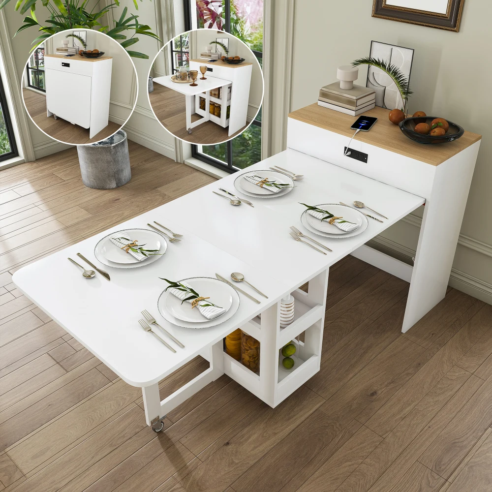 Orraves 74-inch Extendable Dining Table, Equipped with Power Socket, Lockable Casters and Small Space Storage Cabinet, with a Pull-out Tabletop Kitchen Island, and Imitation Marble Surface (White)