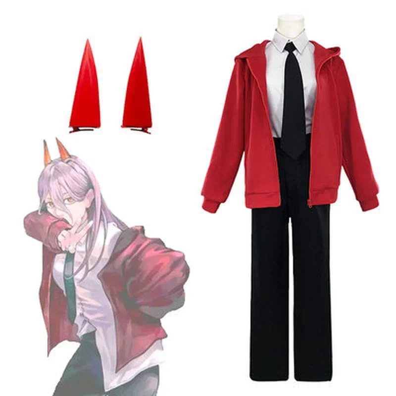 Anime Chainsaw Man Cosplay Power Costume Coat + Shirt + Tie Full Set Women Uniform Halloween Carnival