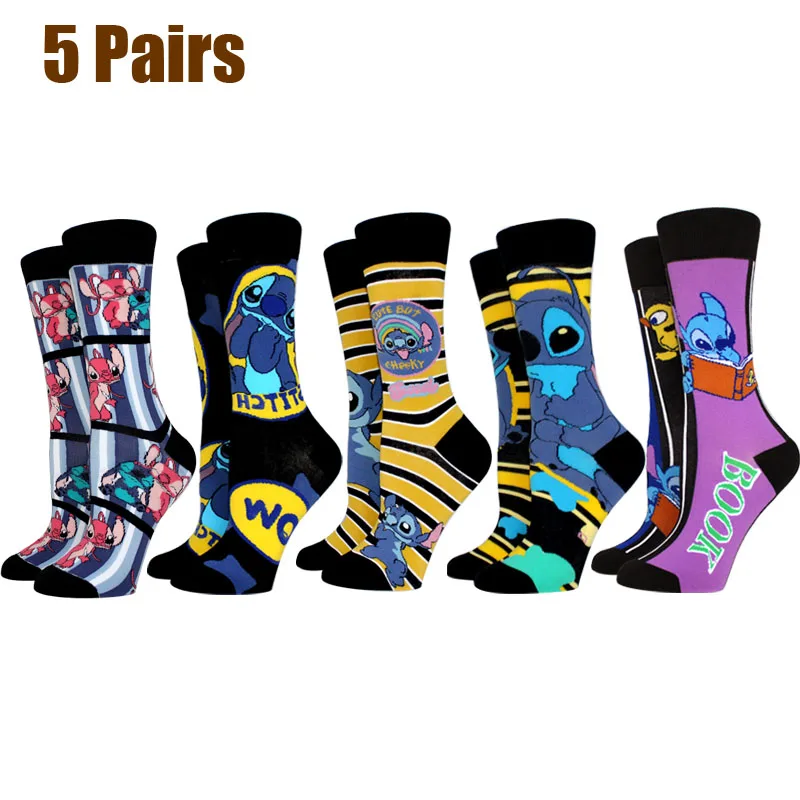 

5 Pairs Stitch Women Socks AB Style Cartoon Anime Socks Crew Sock Casual Cute Girl Socks Creative Happy Funny Socks Size 36-42