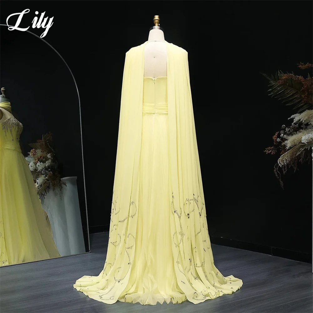 Lily Yellow Chiffon Evening Dress Strapless Beading On Chest Formal Gown Draped Neck Scarf Night Dresses Prom Dresses Customized