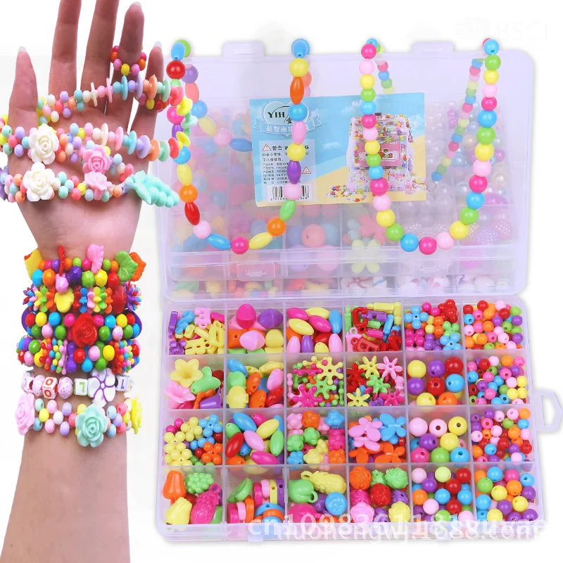 ييوو الاطفال مجموعات الالعاب مطرز الفتيات DIY اليدوية التعليمية عقد من اللؤلؤ الملونة الخرز البلاستيكي للأطفال الذين تتراوح أعمارهم بين 4-6 سنوات