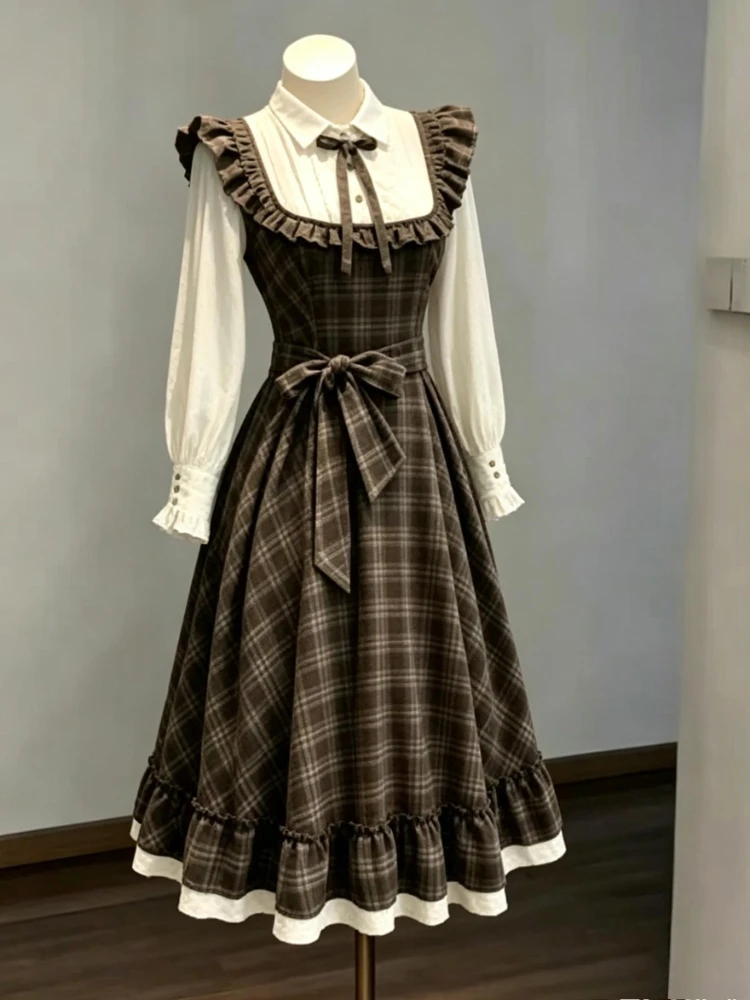 Herbst-Winter-Damenkleid, zweiteiliges Design, kariert, langärmelig, tailliert, süßer College-Stil, A-Linie, Alltagskleid