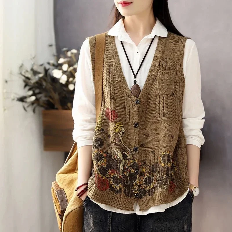 SALEQI Vintage Style V Neck Cardigan Vest 2024 Spring Autumn New Fashion Print Knit Sleeveless Jacket Female Sweater Vest Women